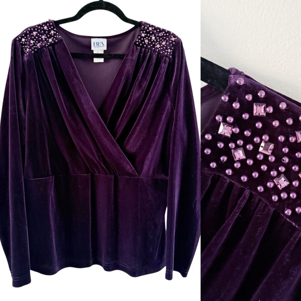 Purple Velvet Faux Wrap Surplice V-Neck Peplum Blouse Top Shirt XL Embellished
